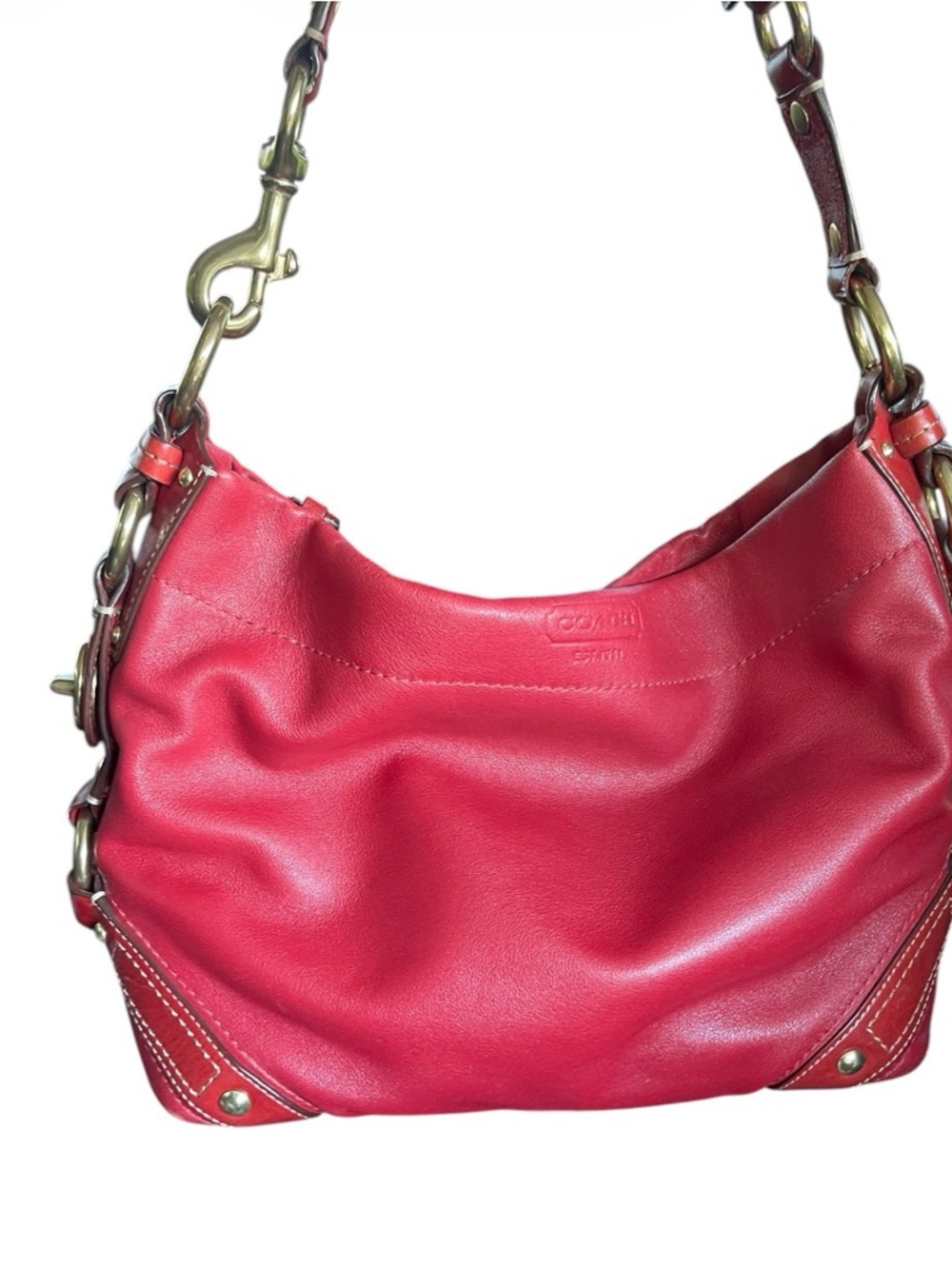 👛150-Coach Red Leather Shoulder Hobo with Gold Hardware